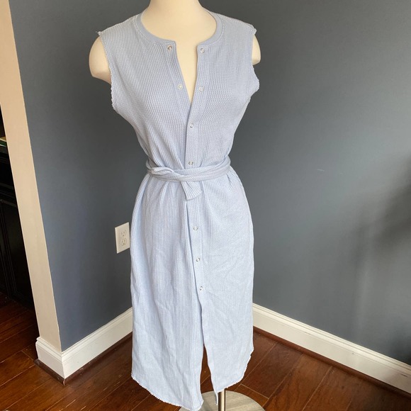Zara light blue textured weave midi dress with button down front and waist tie - Picture 1 of 10